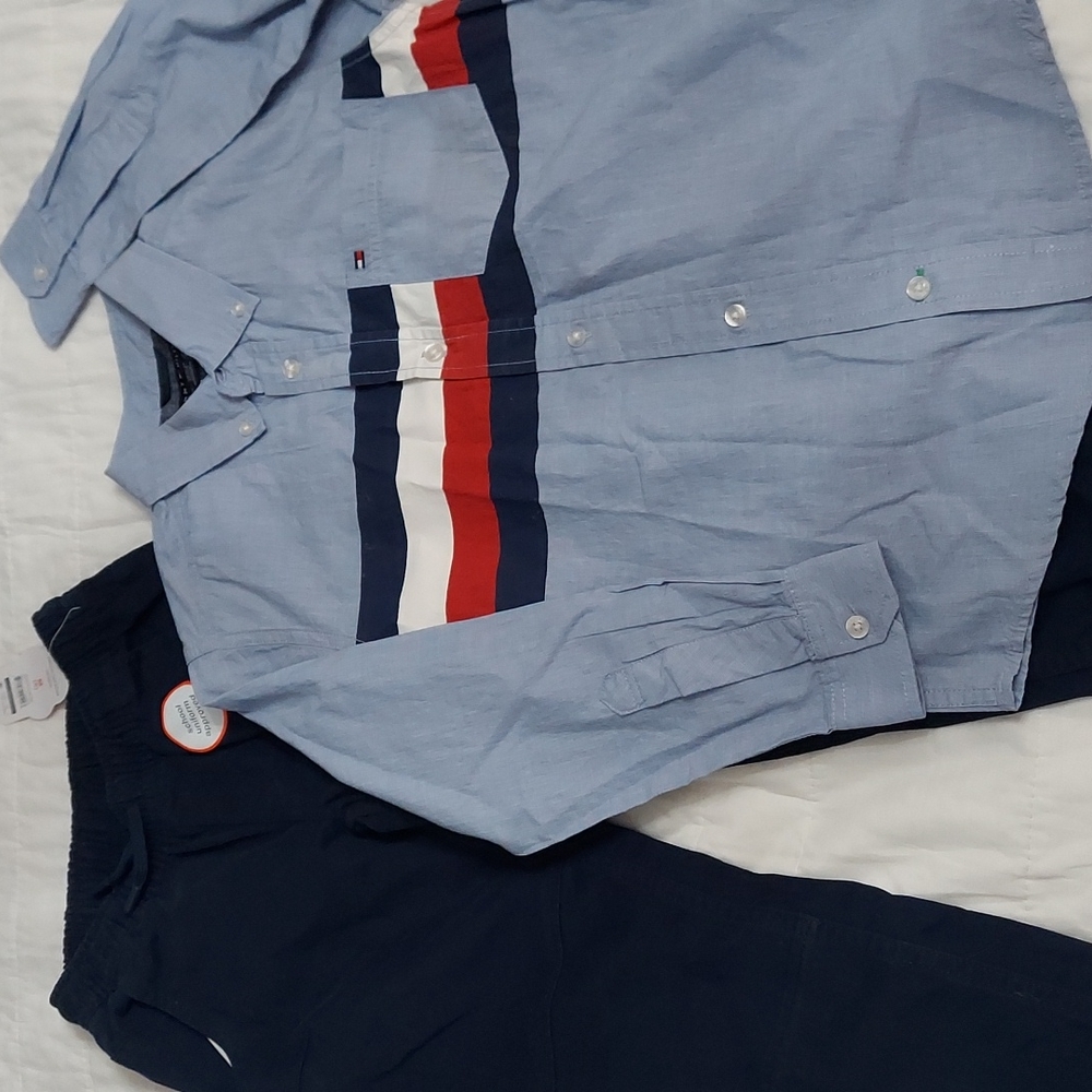 Boys 8 Set - Tommy Hilfiger Button Up Shirt + Navy Khaki Pants